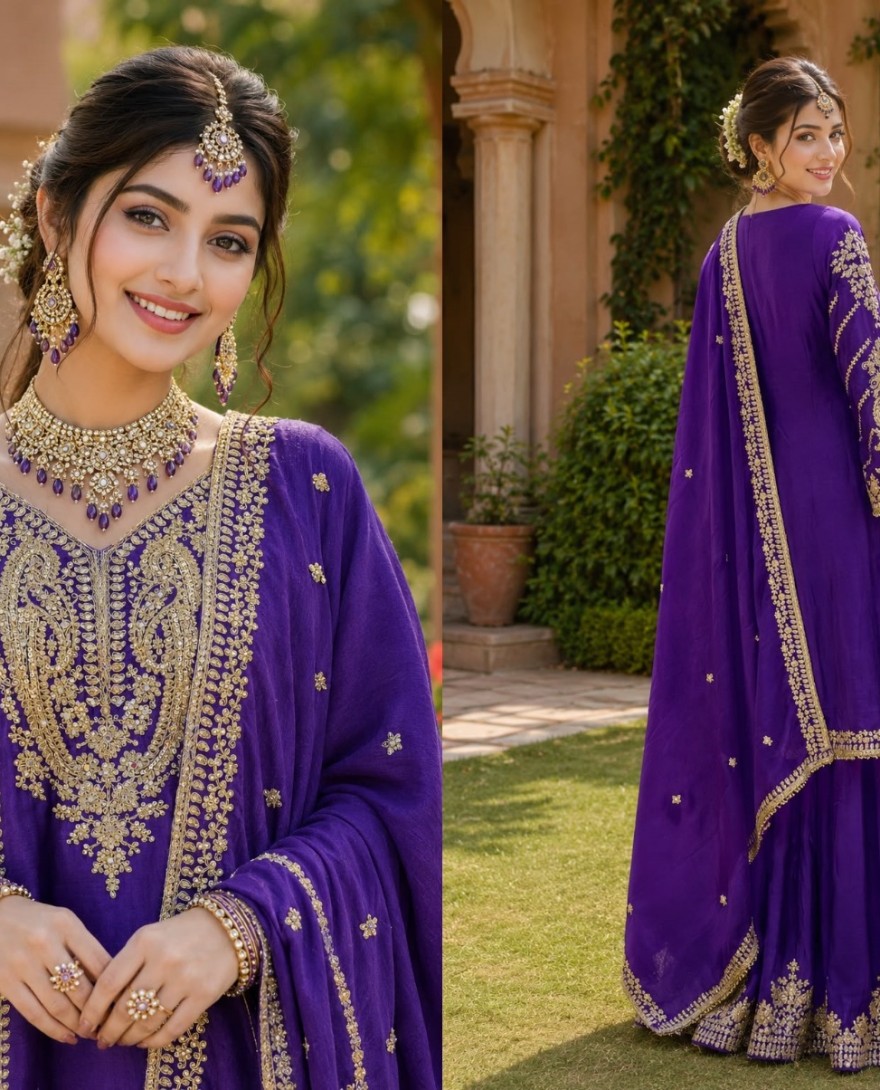 PURPLE - Embroidered and Thread Work Chinon Readymade Salwar Suit In Purple for Ceremonial